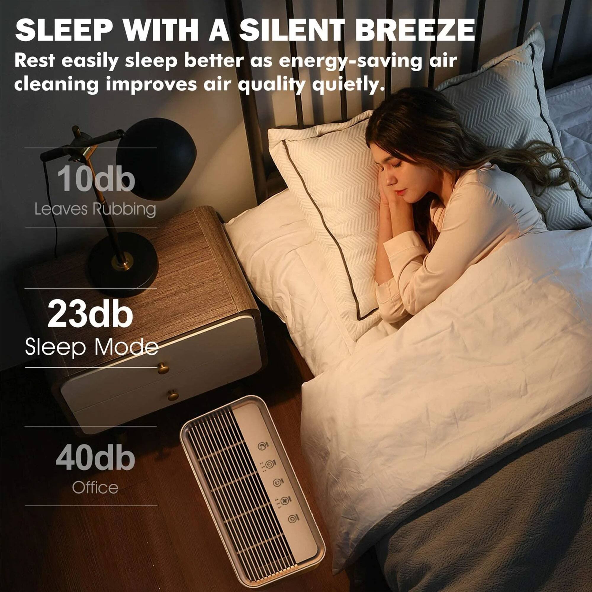 SLEEP WITH A SILENT BREEZE  
Rest easily sleep better as energy-saving air cleaning improves air quality quietly.  

10db  
Leaves Rubbing  

23db  
Sleep Mode  

40db  
Office