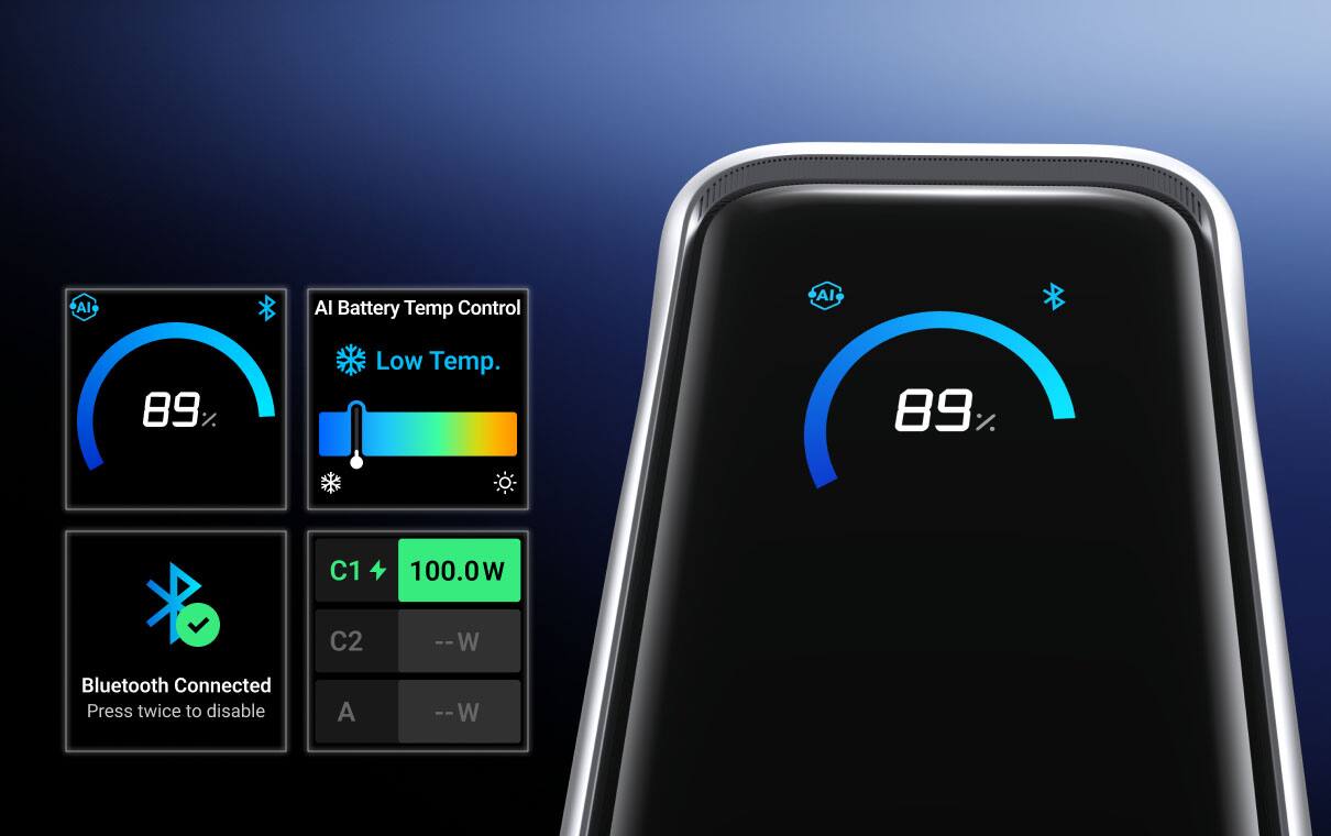 AI Battery Temp Control  
89% Low Temp.  

C1 100.0W  
C2 --W  
A --W  

Bluetooth Connected  
Press twice to disable