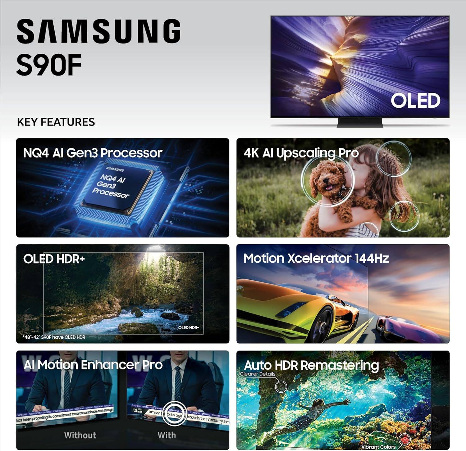 SAMSUNG S90F KEY FEATURES

- OLED
- NQ4 AI Gen3 Processor
- 4K AI Upscaling Pro
- OLED HDR+
- Motion Xcelerator 144Hz
- AI Motion Enhancer Pro
- Auto HDR Remastering
- Vibrant Colors

48"-42" S90F have OLED HDR
