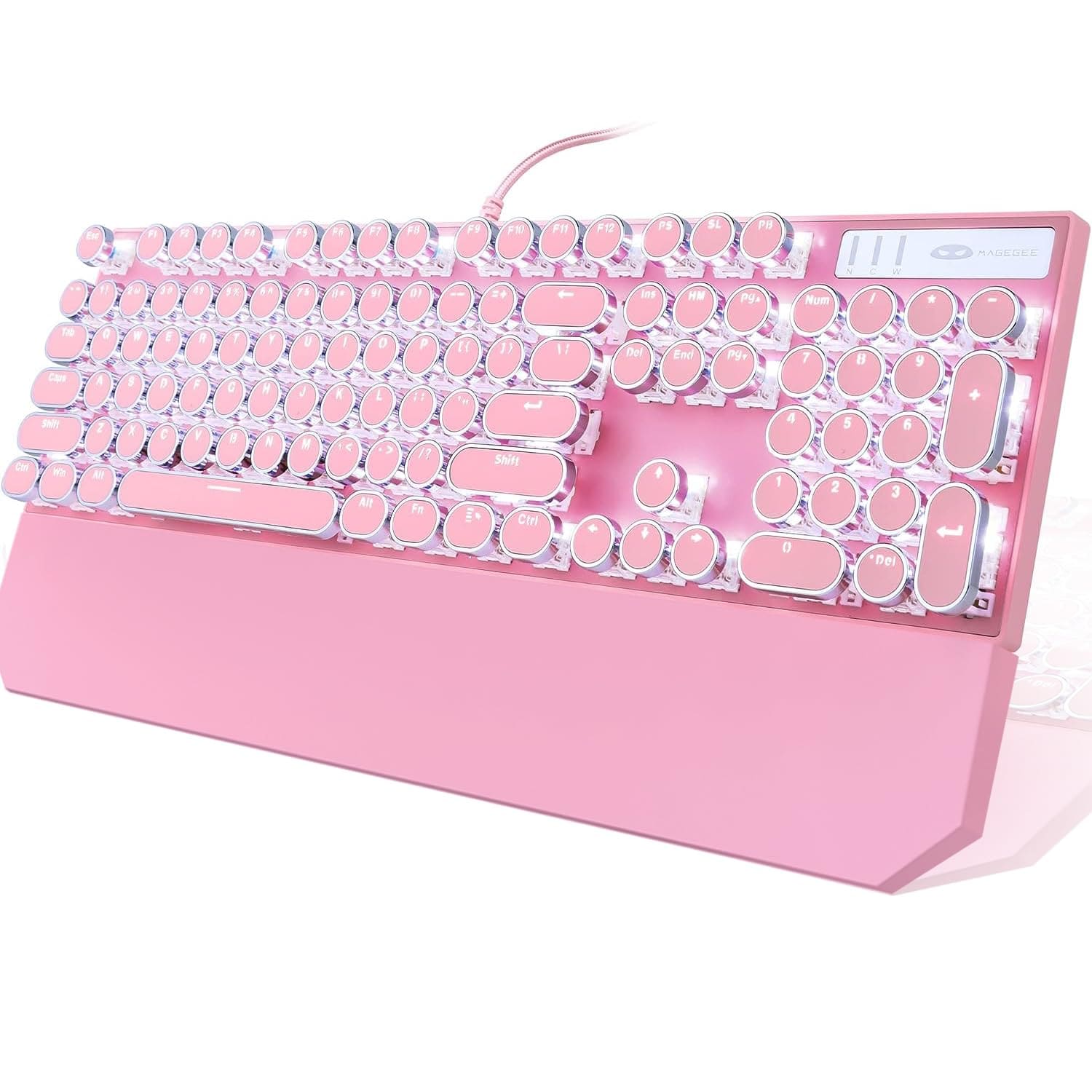 Cedar Assembly - Typewriter Style Mechanical Gaming White Retro Punk With Blue Backlit Wired Cute Keyboards Round Keycaps For - pink(round keycaps)