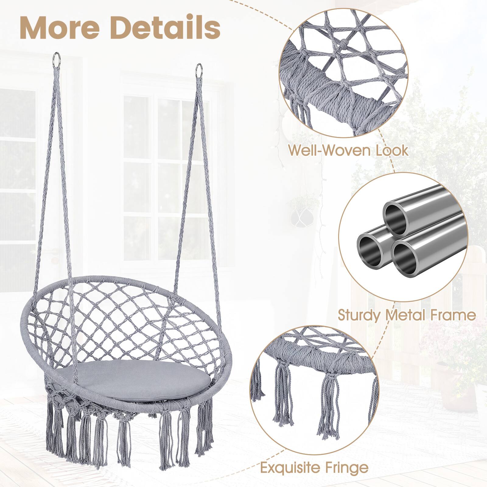 More Details

- Well-Woven Look
- Sturdy Metal Frame
- Exquisite Fringe