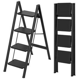 Topteng - 4-Step Folding Ladder, Lightweight Carbon Steel Step Stool - 330lb Capacity, Wide Anti-Slip Pedals, for Home & Car Wash - Black