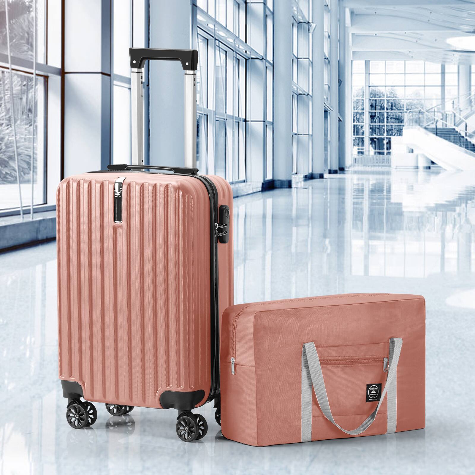 Alt View 4. Oumilen - 2 Piece Luggage Set – 20in Hard Shell Carry On with Hook & Foldable Bag, Pink, Combo Lock, Spinner Wheels - Pink.