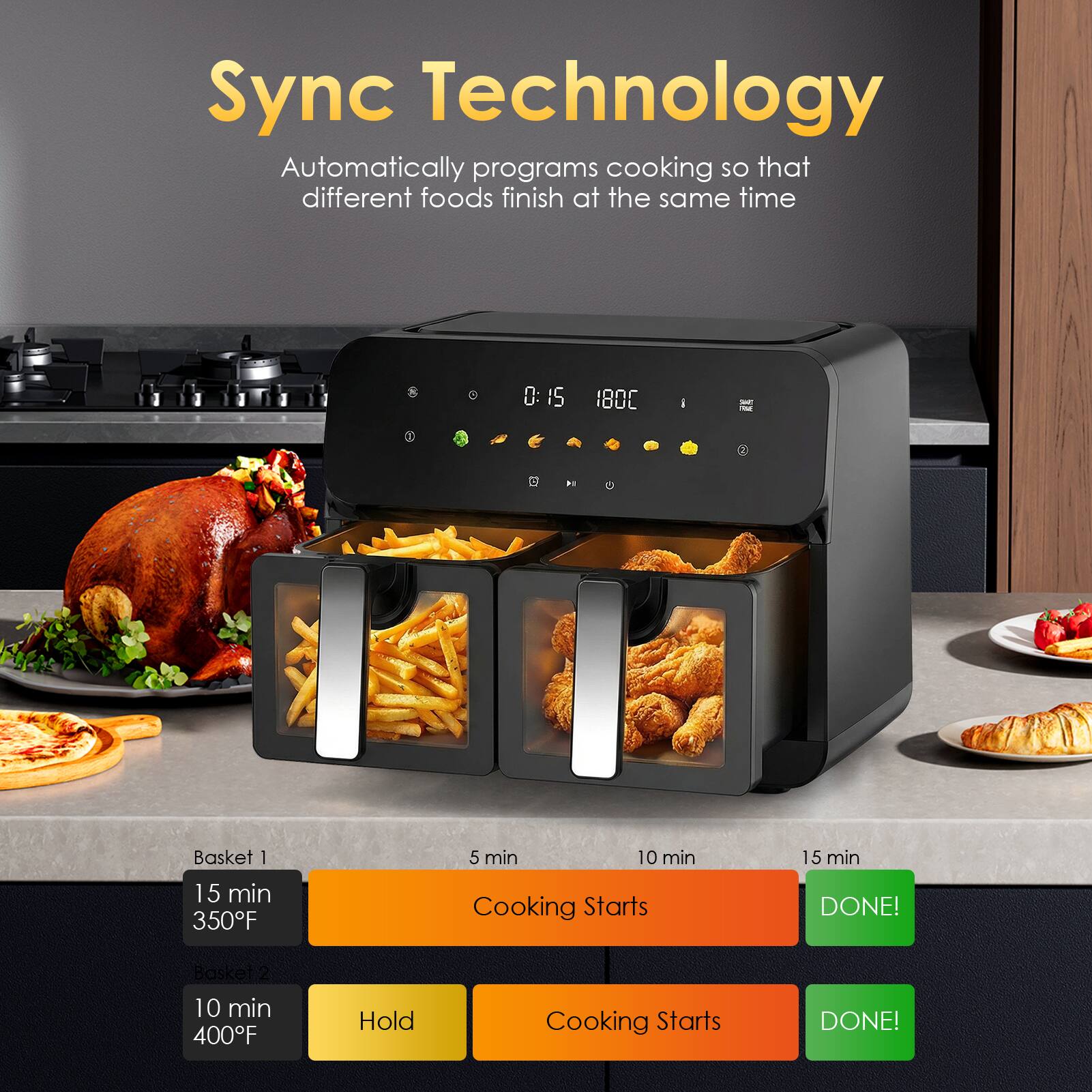 Sync Technology  
Automatically programs cooking so that different foods finish at the same time

Basket 1  
15 min  
350°F  
5 min  
Cooking Starts  
10 min  
DONE!

Basket 2  
10 min  
400°F  
Hold  
Cooking Starts  
15 min  
DONE!