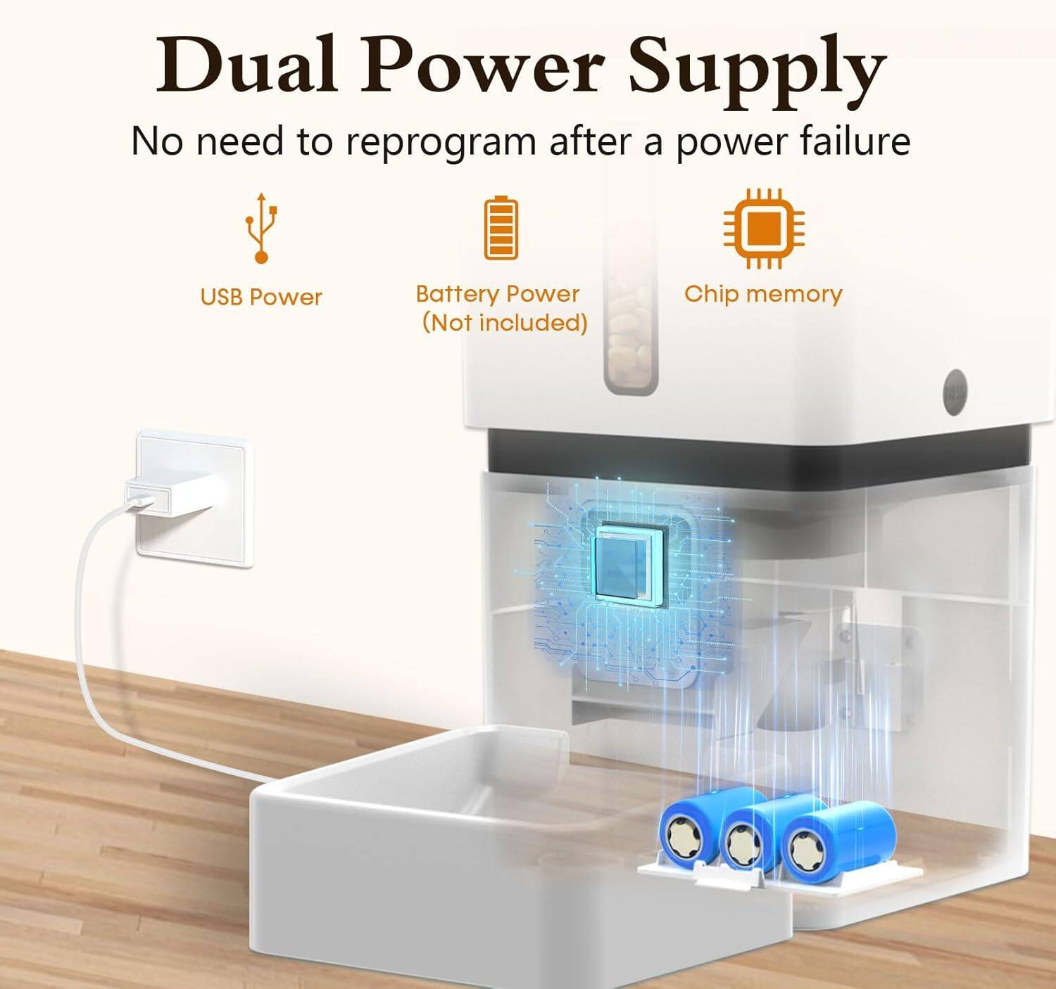 Dual Power Supply  
No need to reprogram after a power failure  
USB Power  
Battery Power (Not included)  
Chip memory