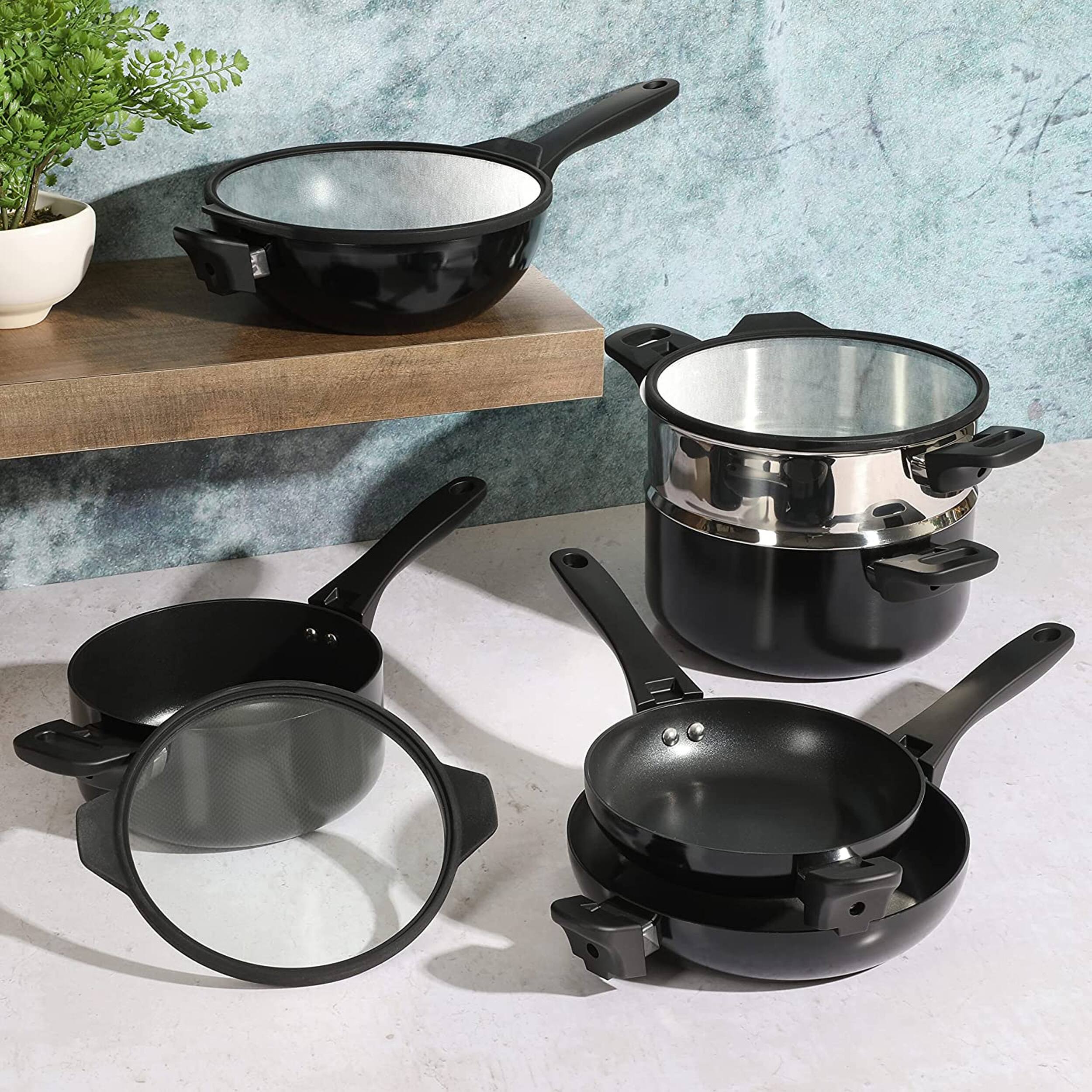 Alt View 3. Kenmore - Kenmore Elite Grayson 9 Piece Nonstick Aluminum Stackable Cookware Set in Black - Black.