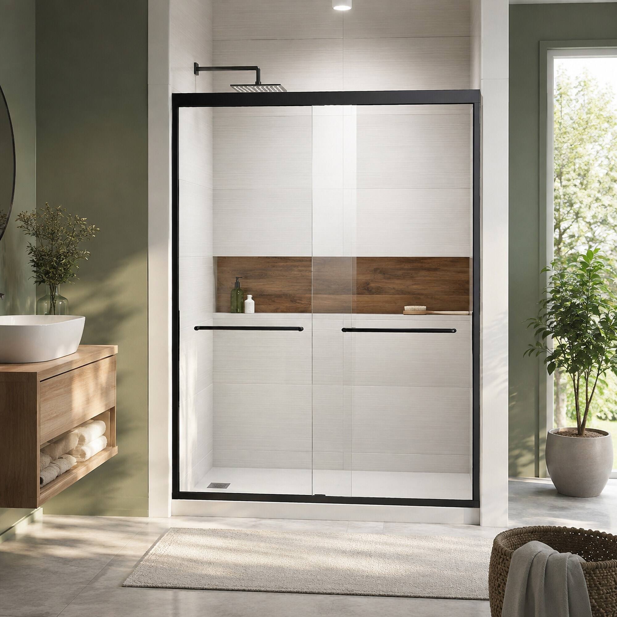 Alt View 3. RYHNUYNE - 44-48 In W X 72 In H Semi-Frameless Sliding Shower Door, Clear Tempered Glass With Stainless Steel Handles Black Finish - Matt Black.