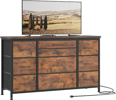 Front. GARVEE - Fabric Dresser, 10 Drawers, 55" TV Stand, Power Outlet, Wood Top, Metal Frame, Bedroom, Entryway, Closet, Brown - Brown.