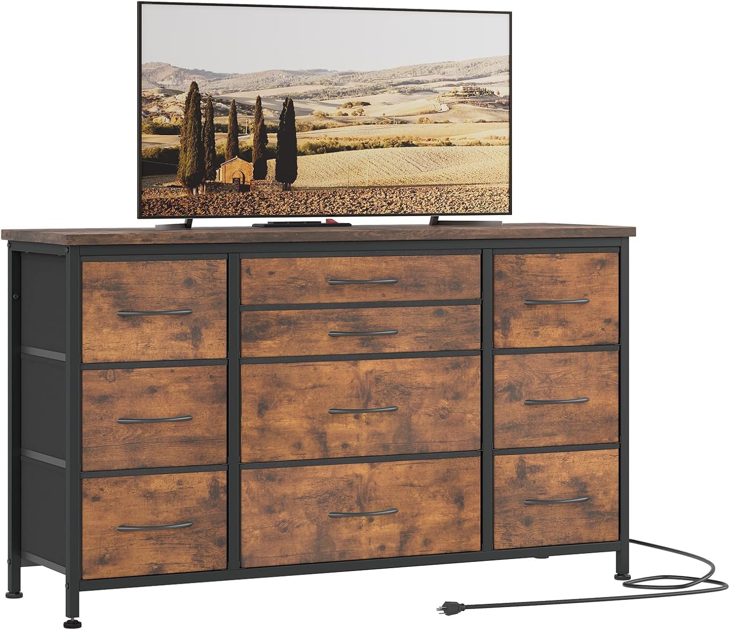 GARVEE - Fabric Dresser, 10 Drawers, 55" TV Stand, Power Outlet, Wood Top, Metal Frame, Bedroom, Entryway, Closet - Brown
