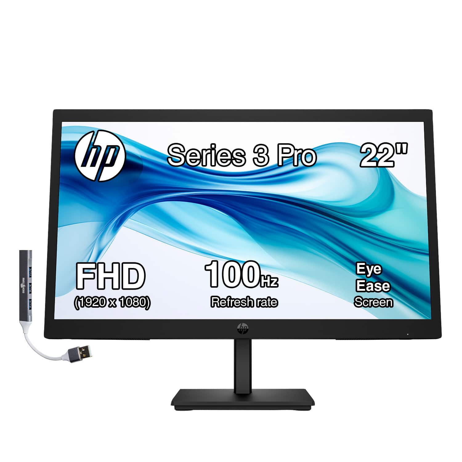HP - Series 3 Pro 22" FHD VA Monitor, Anti-Glare, Flicker Free, VESA Mount, HDMI, VGA & DKZ Hub - Black