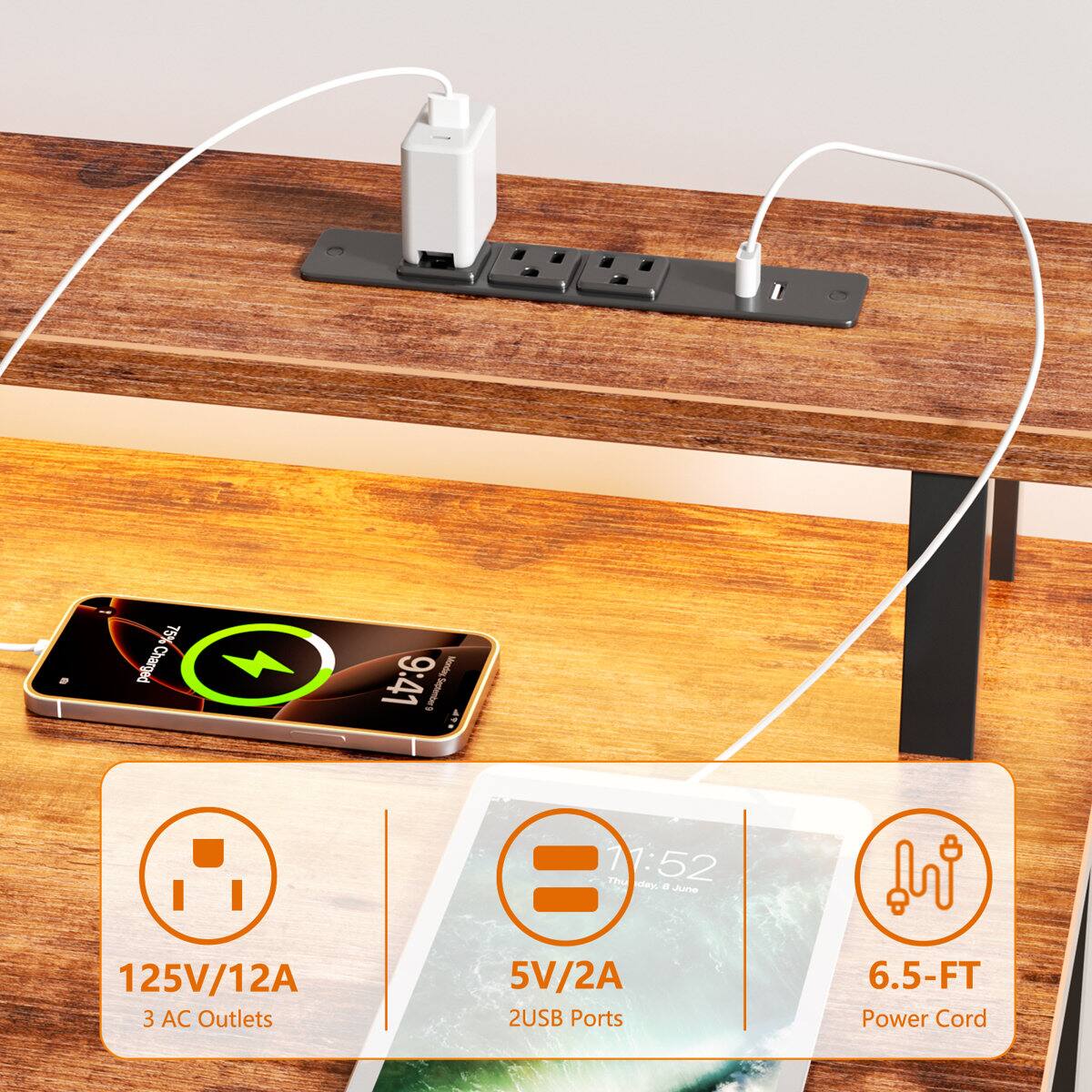 - 75% Charged
- 9:41
- Mondes Sepheter's
- NAP 125V/12A
- 3 AC Outlets
- 11:52
- 77 = TH
- y
- June
- 5V/2A
- 2 USB Ports
- 6.5-FT Power Cord