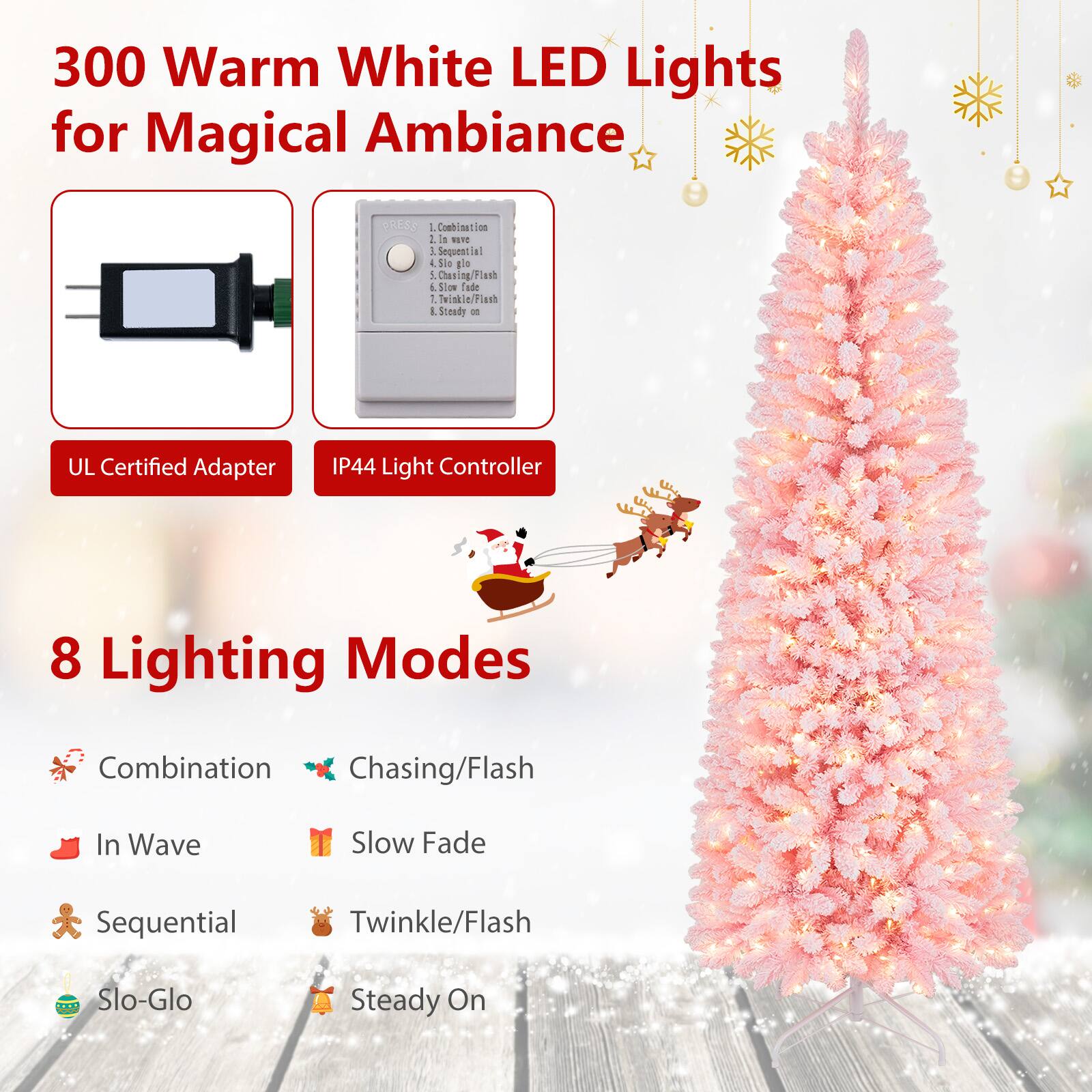300 Warm White LED Lights for Magical Ambiance

PRESS 1 Combination 1 in REVE 1 3.Sequential ( 4,Slo plo 5 Chasing/Flash .Slow fade 1. Twinkle/Flash 8.Steady on

UL Certified Adapter
IP44 Light Controller

8 Lighting Modes
Combination Chasing/Flash
In Wave
Slow Fade
Sequential
Twinkle/Flash
Slo-Glo
Steady On