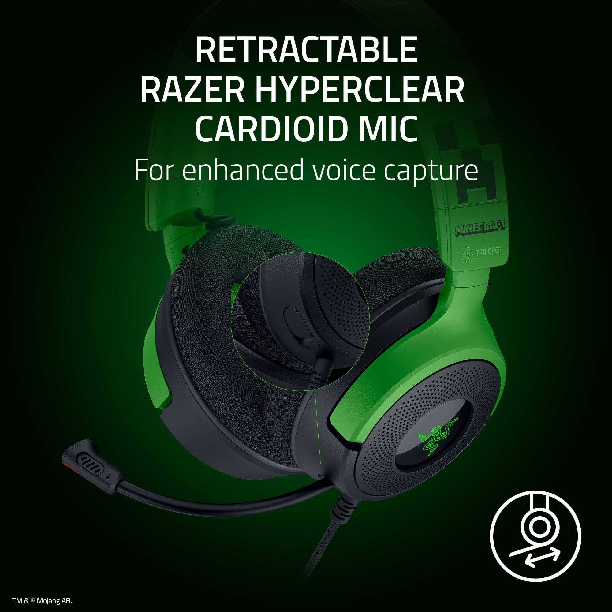 Retractable Razer Hyperclear Cardioid Mic for enhanced voice capture. Minecraft Tritforce.