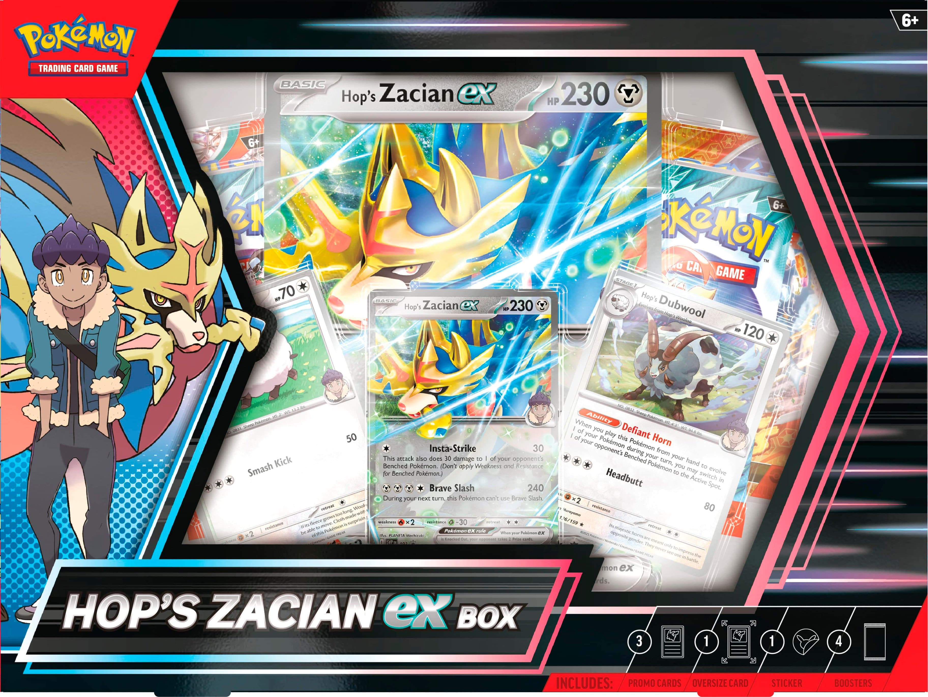 Pokemon Trading Card Game Basic Hop's Zacian EX Box includes: Promo Cards, Over-sized Card Sticker Boosters, and 230 HP 6+ 6+ -70 Hop's Zacian 230 6+ KGMON CA GAME B705l Hop's Zacian EX Box.