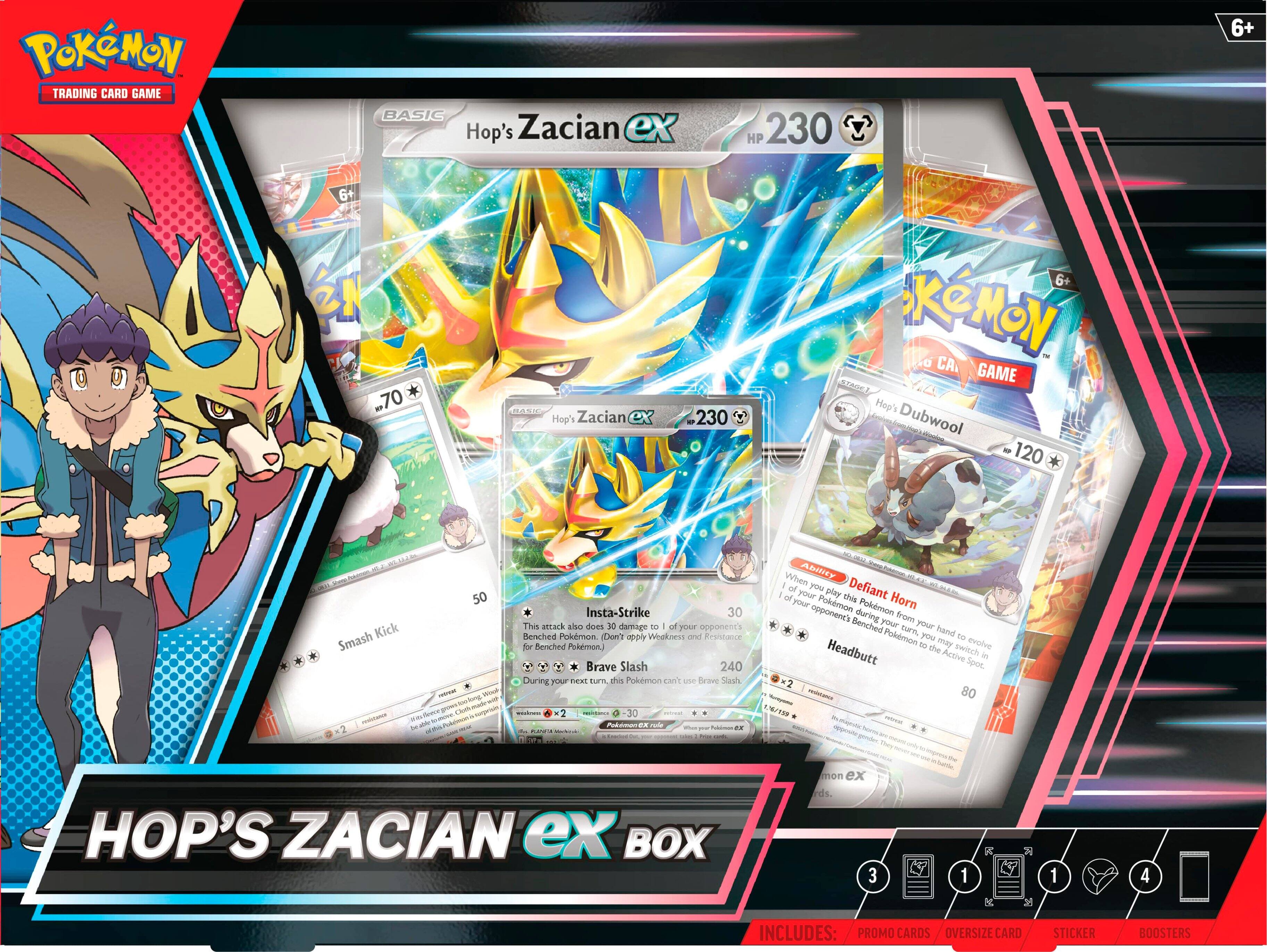 Pokemon Trading Card Game Basic Hop's Zacian EX Box includes: Promo Cards, Over-sized Card Sticker Boosters, and 230 HP 6+ 6+ -70 Hop's Zacian 230 6+ KGMON CA GAME B705l Hop's Zacian EX Box.