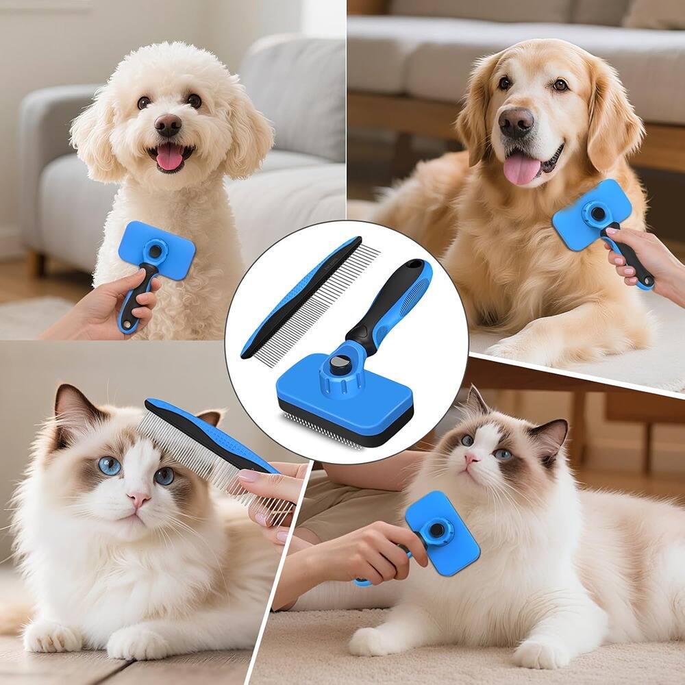 Back. THIRSTY TURTLE - 2PCS Self-Cleaning Slicker Brush and Dog Comb – Skin-Friendly Deshedding and Dematting Grooming Tools for Dogs, Cats, an.