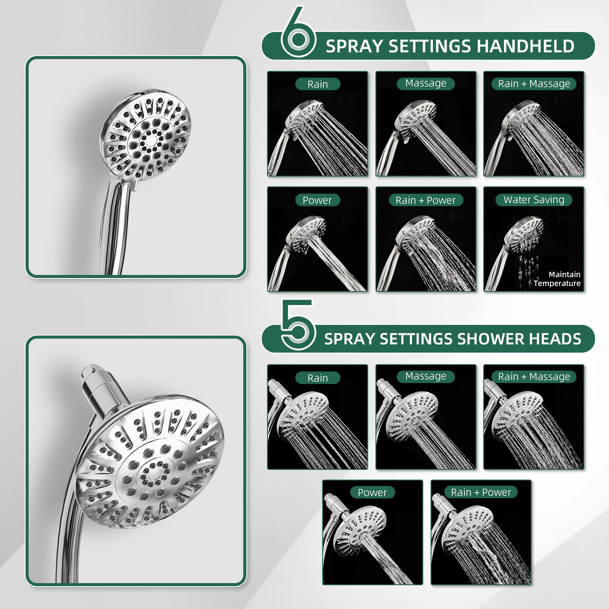 6 SPRAY SETTINGS HANDHELD  
- Rain  
- Massage  
- Rain + Massage  
- Power  
- Rain + Power  
- Water Saving  
- Maintain Temperature  

5 SPRAY SETTINGS SHOWER HEADS  
- Rain  
- Massage  
- Rain + Massage  
- Power  
- Rain + Power