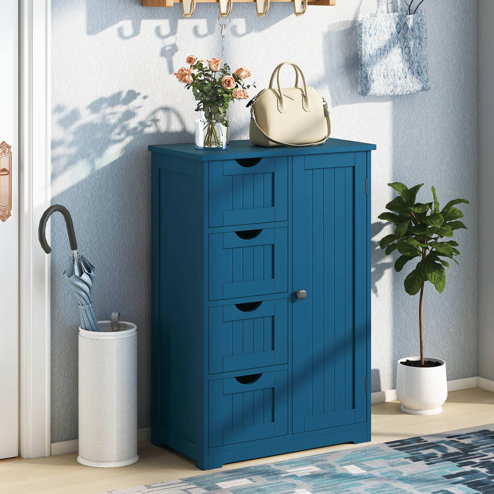 Alt View 4. Costway - Costway Wooden 4 Drawer Free Standing Bathroom Floor Cabinet Storage Cupboard Adjustable - Blue.