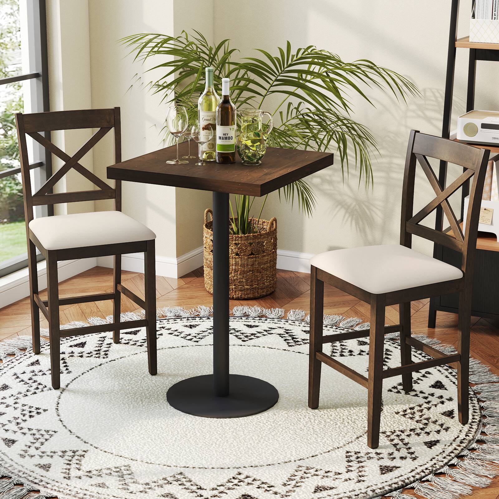 Alt View 1. Costway - Costway Rubber Wood X-Back Bar Stools Set of 2 with Upholstered Cushioned Seats & Footrests - Dark Brown, Cream.