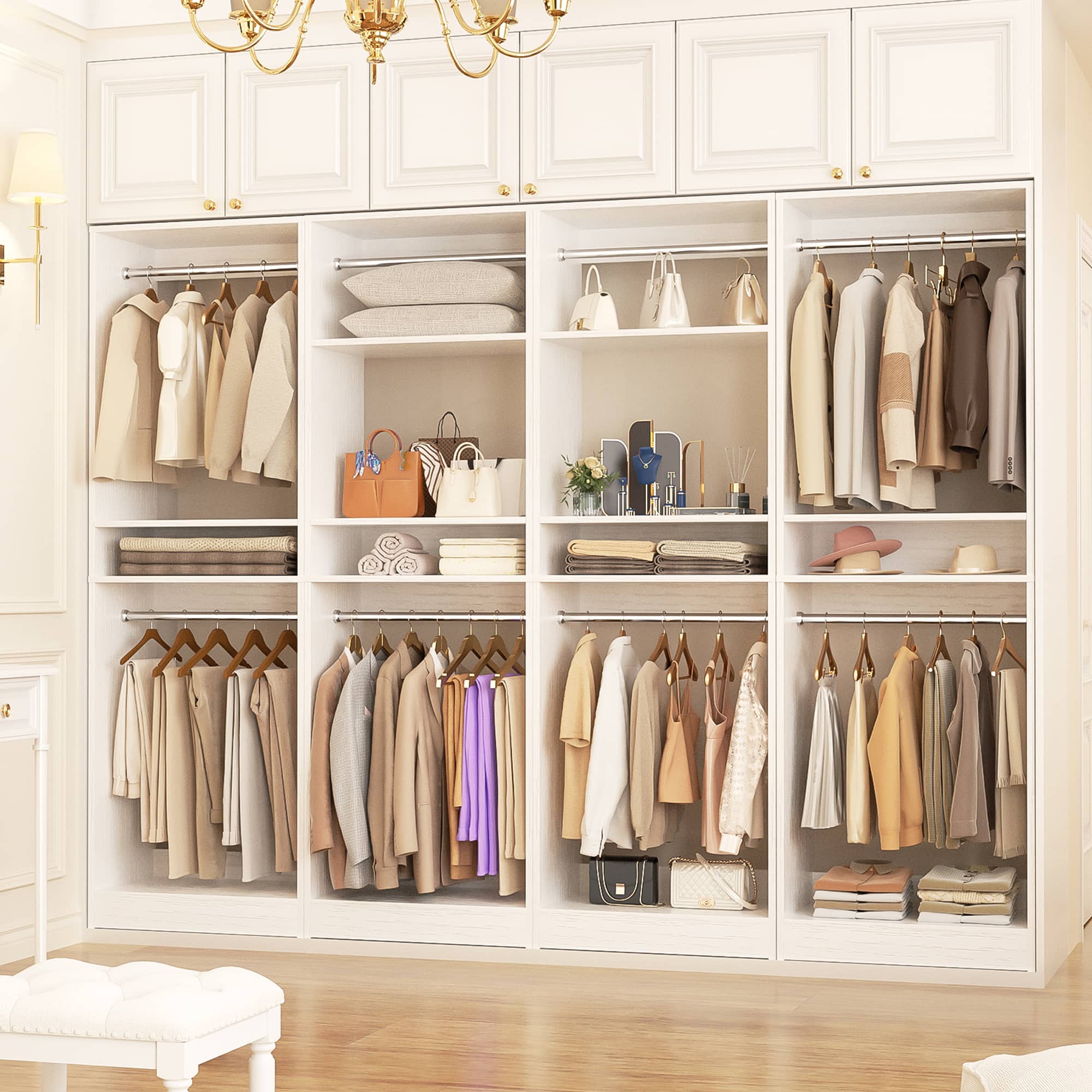 Aheaplus - 100 Inch Large Closet System Set of 4, Freestanding Wardrobe System with 8 Hanging Rods and Shelves, Easy Assembly - White
