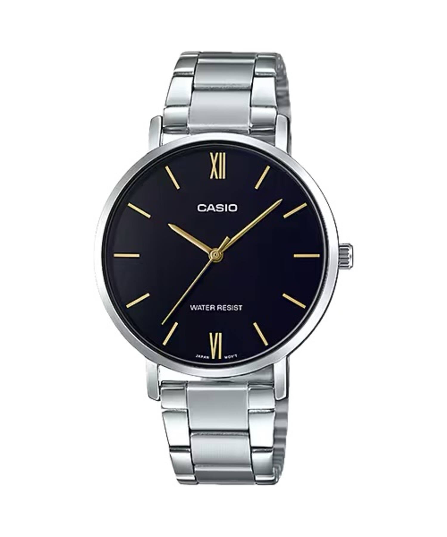 Casio - Women’s Black Dial Stainless Steel Bracelet Watch - LTP-VT01D-1BUDF - Silver