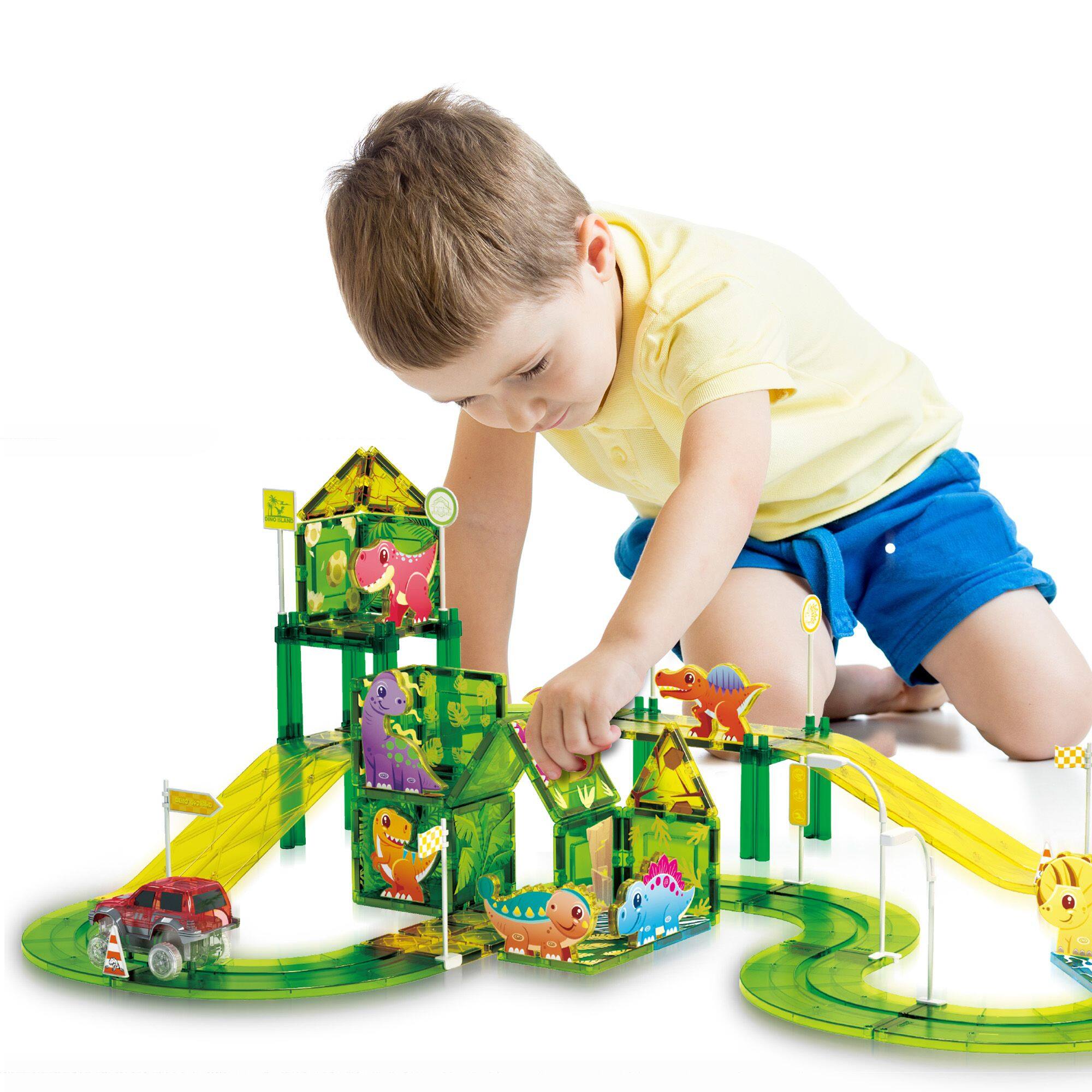 Alt View 2. PicassoTiles - PICASSO-TILES Race Track Magnetic Tiles for Kids, 89PCS with 2 Racing Cars, Dinosaur Theme STEM Building Blocks Toy - Multicolor.