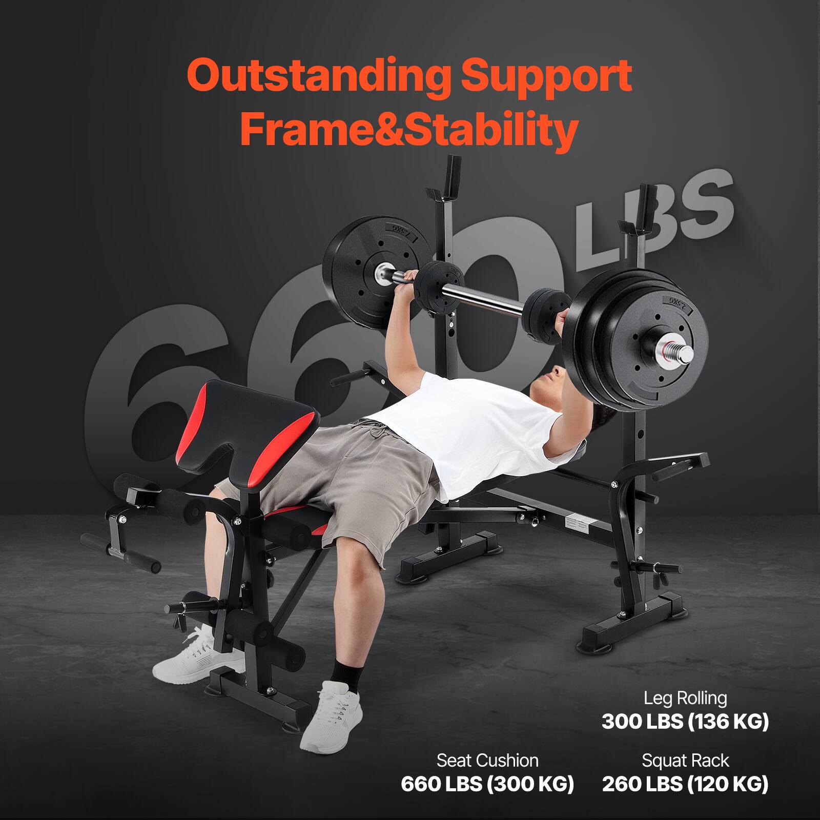 Outstanding Support Frame & Stability

Leg Rolling 300 LBS (136 KG)

Seat Cushion 660 LBS (300 KG)

Squat Rack 260 LBS (120 KG)
