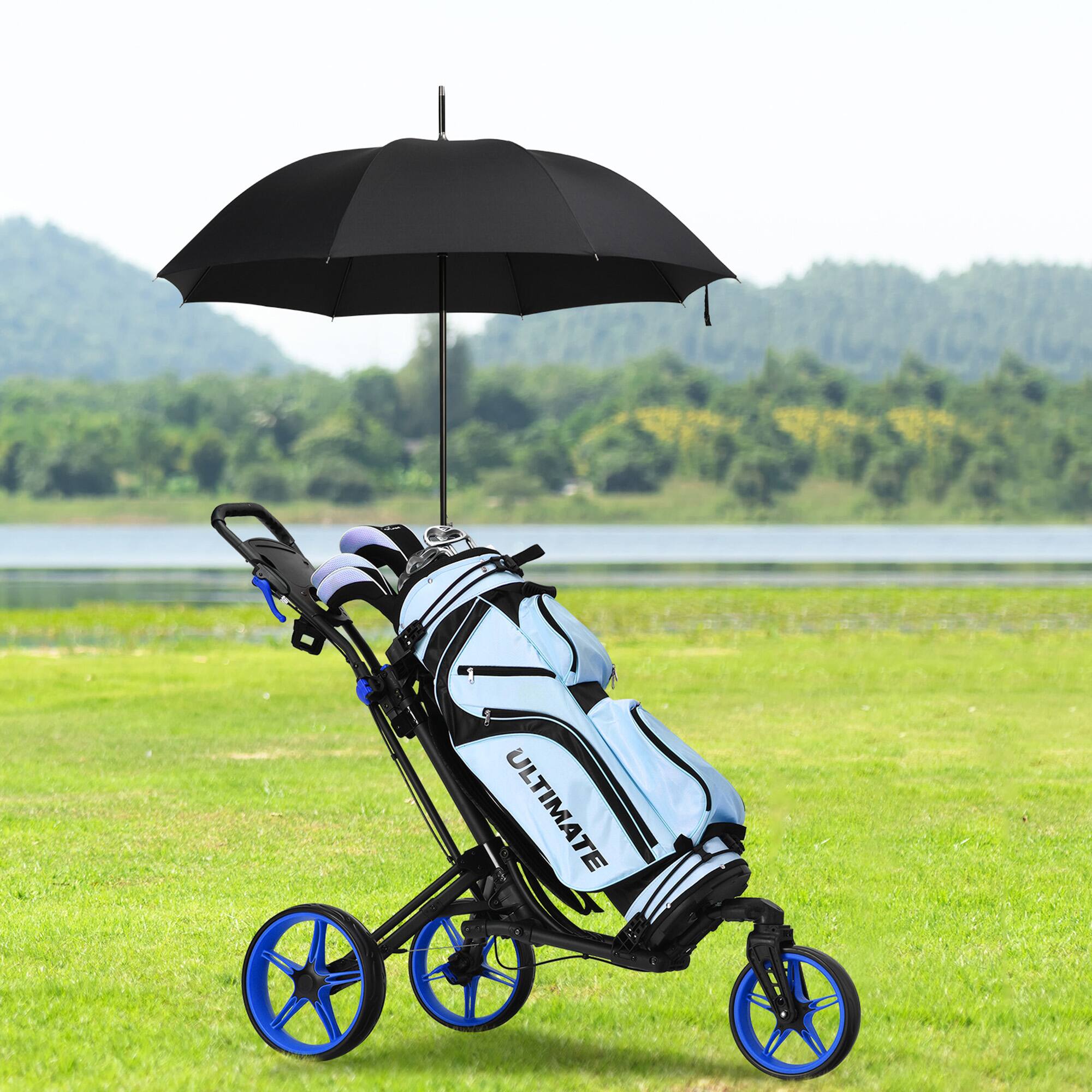 Alt View 2. Gymax - Gymax 3 Wheels Foldable Golf Push Pull Cart Trolley w/ Adjustable Handle Brake Blue - Blue.