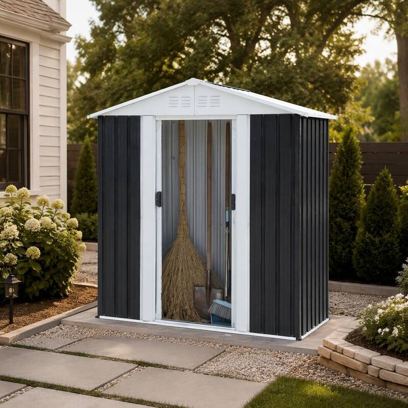 Left. RYHNUYNE - 5 x 3 Feet Grey Outdoor Storage Shed with,Weather Resistant Tool Shed for Garden Backyard Patio - Black.