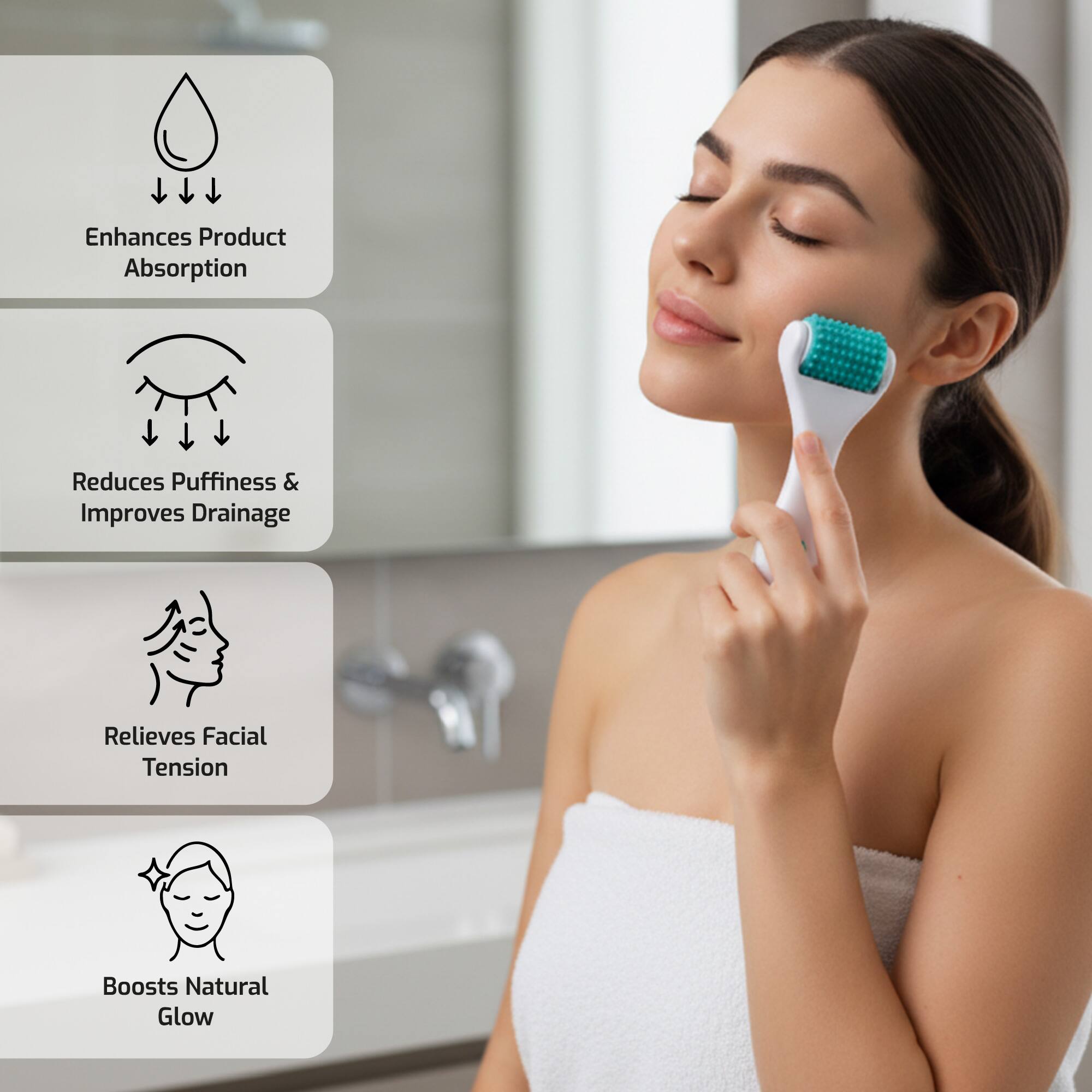 - Enhances Product Absorption
- Reduces Puffiness & Improves Drainage
- Relieves Facial Tension
- Boosts Natural Glow