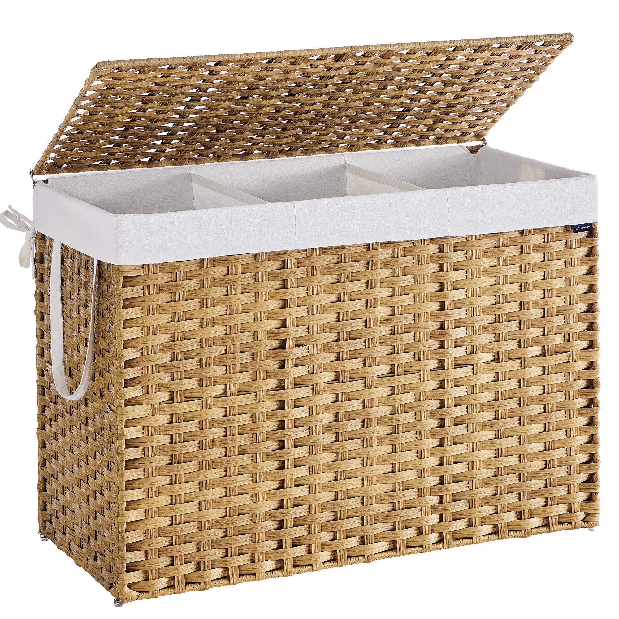 Front. Songmics Home - Laundry Hamper with Lid and Handles, 52.8 Gallon (200 L) Synthetic Rattan, Foldable, Removable Liner - Goose Yellow.
