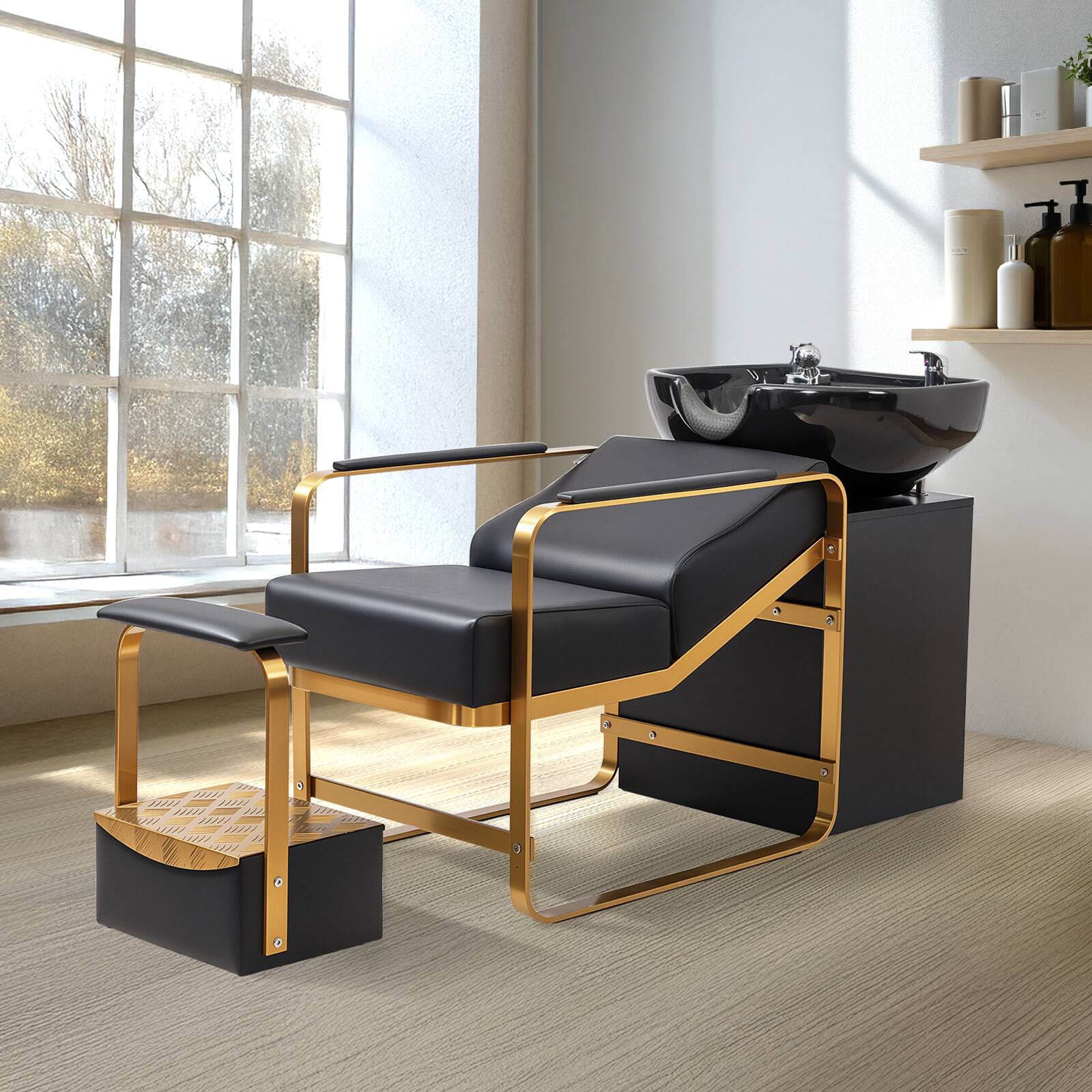 Left. Winado - Shampoo Chairs for Salon, Stainless Steel Frame & UPC Certified Shampoo Bowl & Footrest, Hair Washing Station, Backwash - Black & Gold.