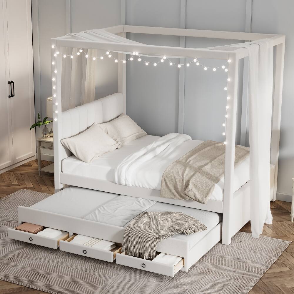 Left. Loheer - Loheer Full Size Canopy Bed Upholstered Platform Bed with Trundle and 3 Storage Drawers Beige Pine Wood Bed Frame - Beige.