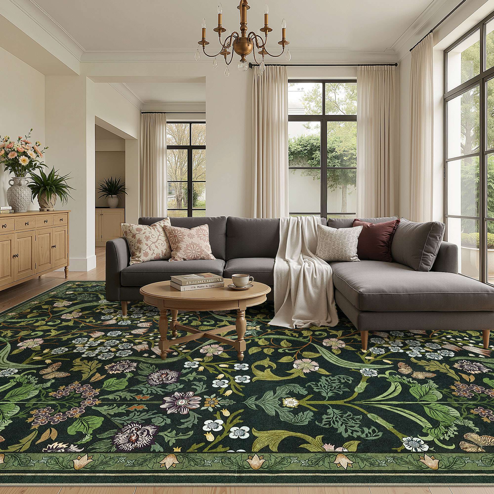 Left. Yardgrace - 6' x 9' ft Farmhouse Floral Area Rug Washable with Non-Slip for Playroom Living Room Bedroom - Green.