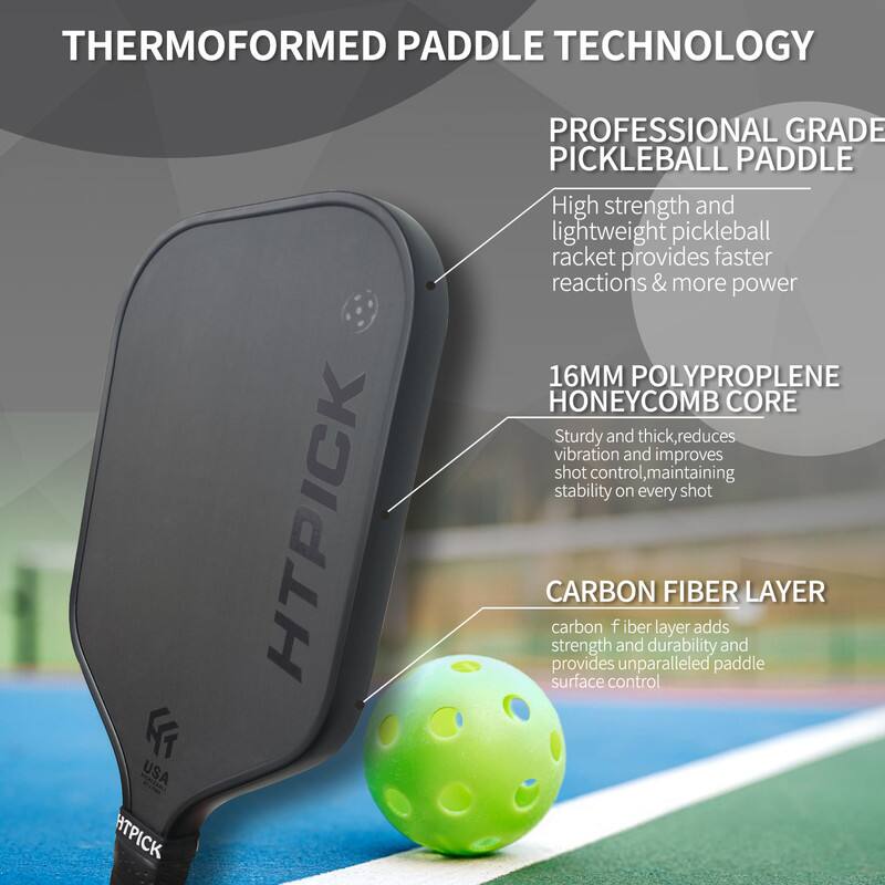 **THERMOFORMED PADDLE TECHNOLOGY**

**PROFESSIONAL GRADE PICKLEBALL PADDLE**

- High strength and lightweight pickleball racket provides faster reactions & more power

- **16MM POLYPROPYLENE HONEYCOMB CORE**
  - Sturdy and thick, reduces vibration and improves shot control, maintaining stability on every shot

- **CARBON FIBER LAYER**
  - Carbon fiber layer adds strength and durability and provides unparalleled paddle surface control