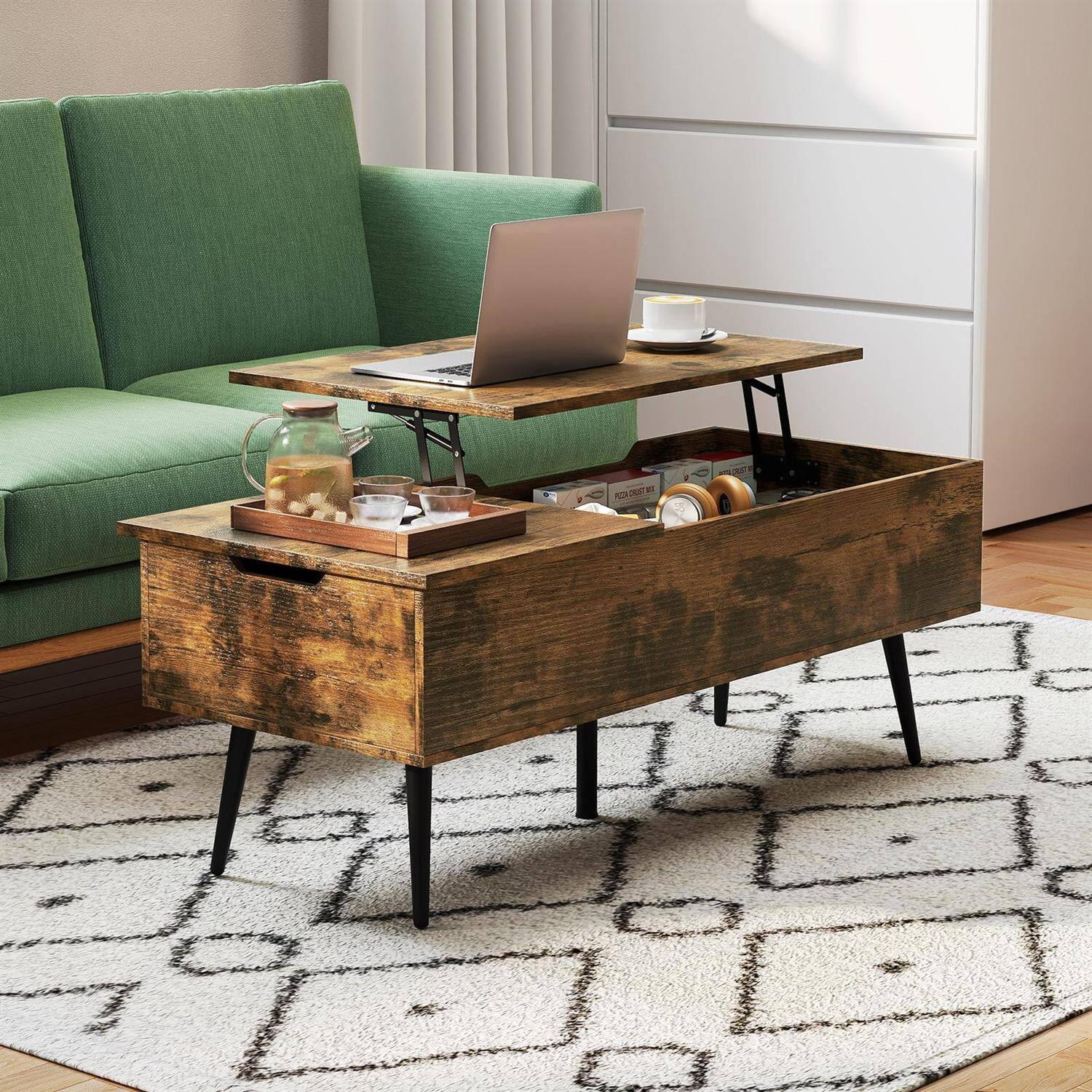 Alt View 1. Pefilos - 47" Lift-Top Coffee Table, 2 Hidden Storage Compartments, Pneumatic Lift Mechanism, Coffee - Brown.