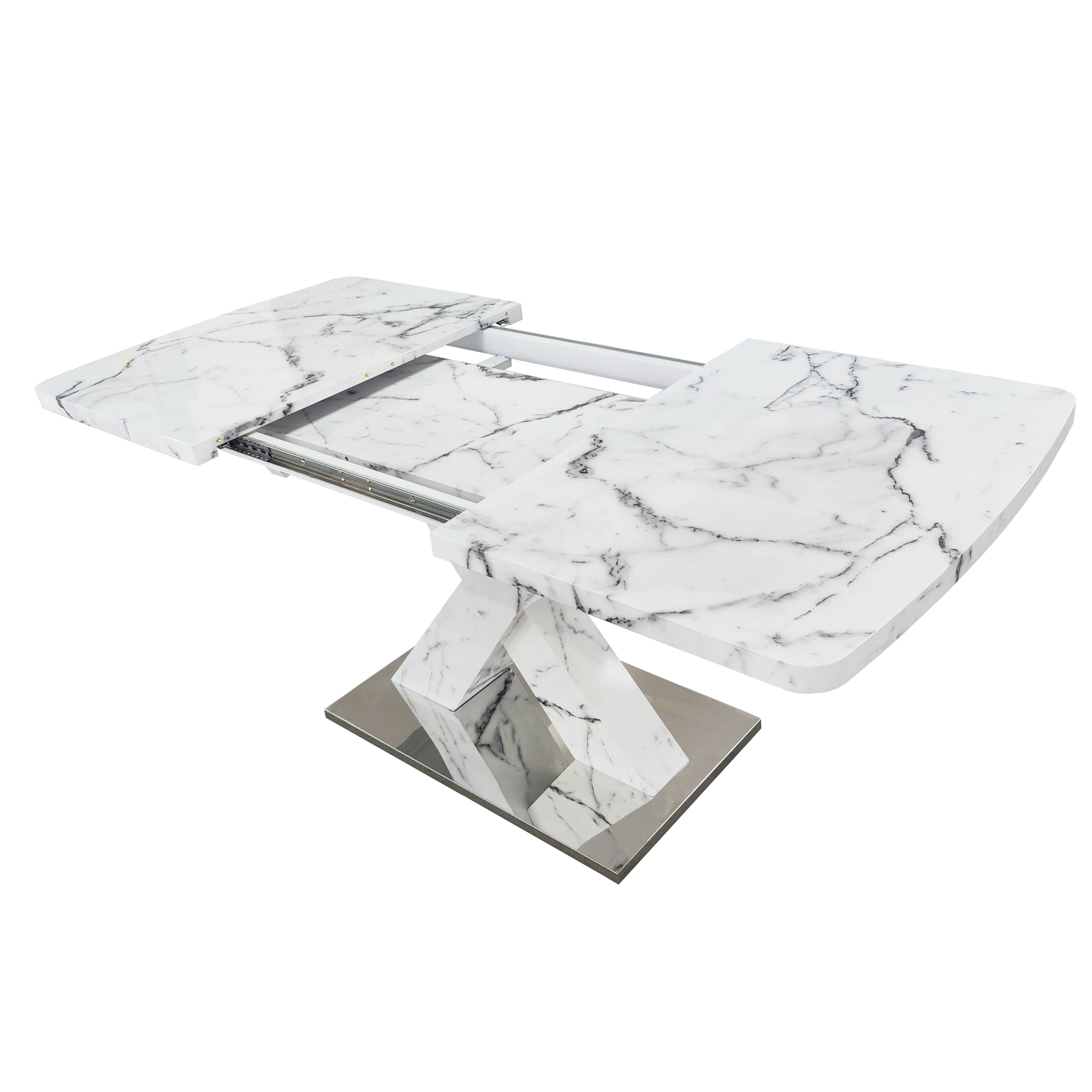 Alt View 6. Tiramisubest - Modern Square Dining Table, Stretchable, Printed White Marble Table Top + MDF X-Shape Table Leg with Metal Base - White.