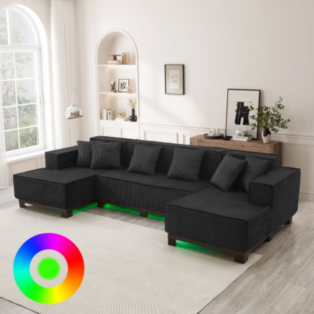 Left. LUCKY ONE - 130" U-Shaped Sectional Sofa w/ RGB LED Light Strip & 6 Pillows Corduroy Fabric - Black.