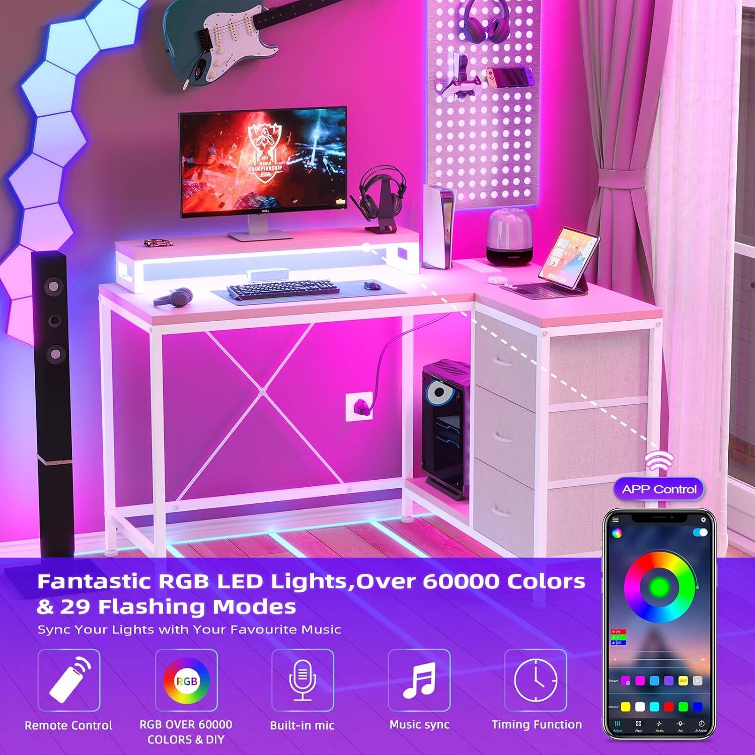 Fantastic RGB LED Lights, Over 60000 Colors & 29 Flashing Modes  
Sync Your Lights with Your Favourite Music  

- Remote Control  
- RGB OVER 60000 COLORS & DIY  
- Built-in mic  
- Music sync  
- Timing Function  

APP Control