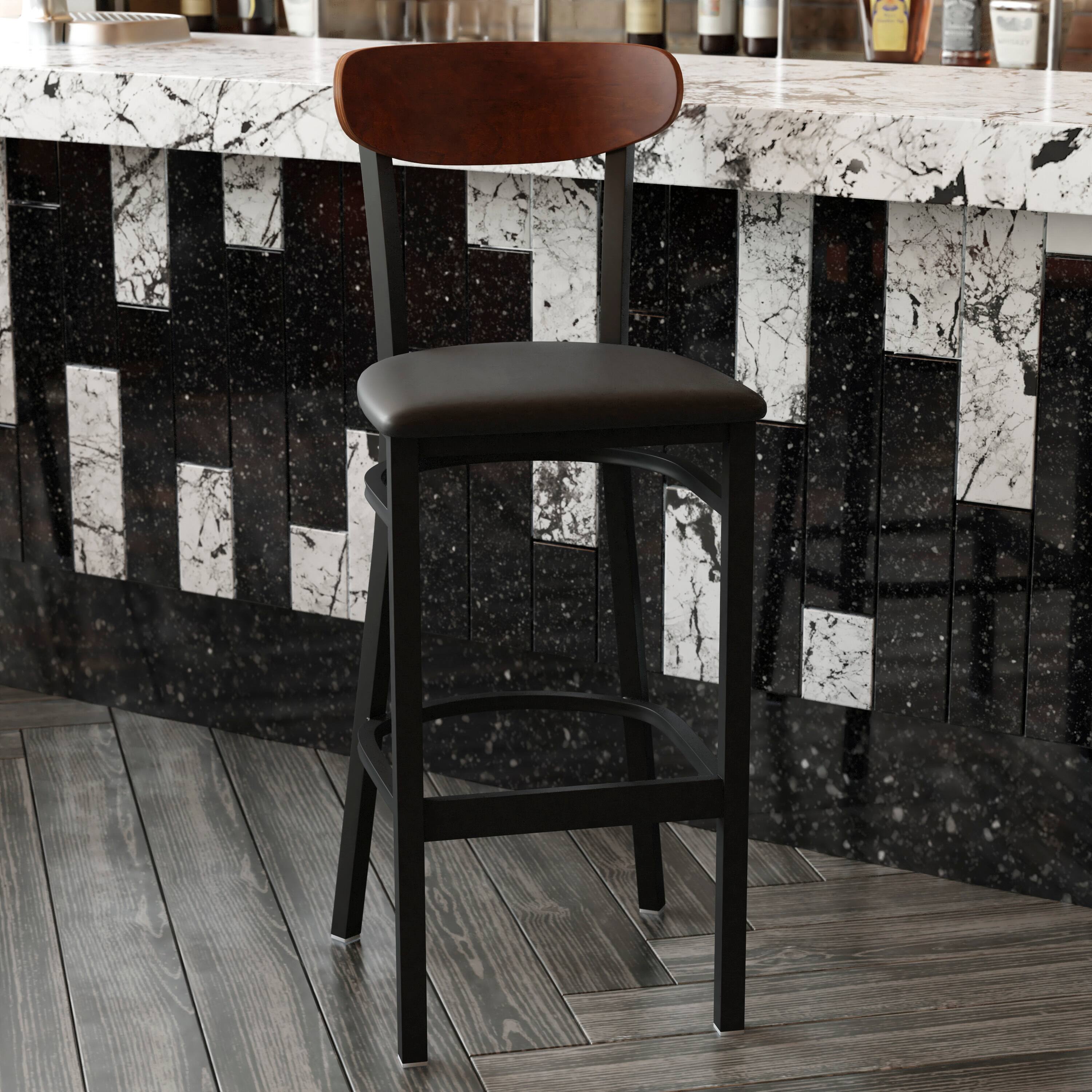 Angle. Flash Furniture - Wright Commercial Barstool with 500 LB. Capacity Black Steel Frame, Walnut Finish Wooden Boomerang Back, and Black Vinyl - Black.