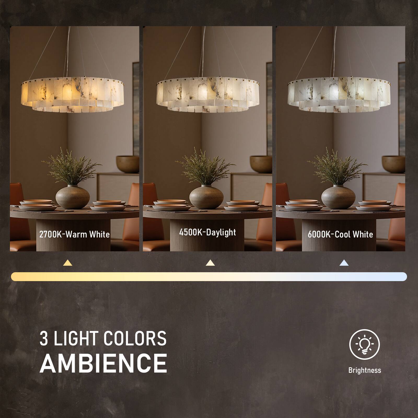 2700K-Warm White  
4500K-Daylight  
6000K-Cool White  

3 LIGHT COLORS AMBIENCE  
Brightness