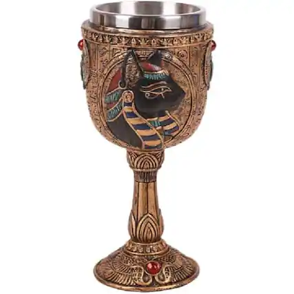 Front. Pacific Trading - Egyptian Royalty Bastet Wine Goblet Chalice Cup Resin Body Stainless Steel Cup 7 ounce - Gold.