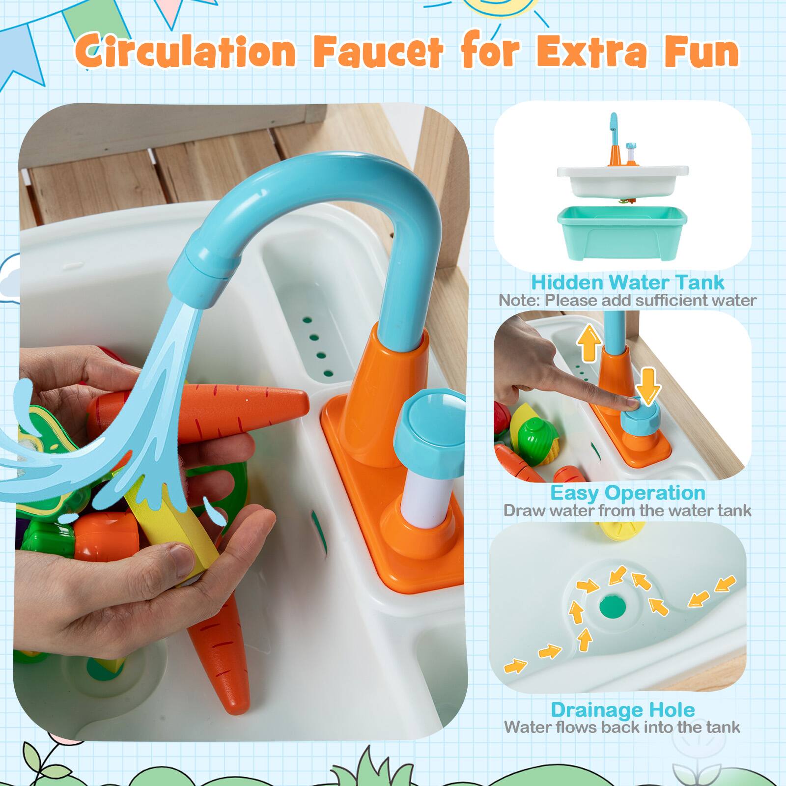 Circulation Faucet for Extra Fun

Hidden Water Tank
Note: Please add sufficient water

Easy Operation
Draw water from the water tank

Drainage Hole
Water flows back into the tank