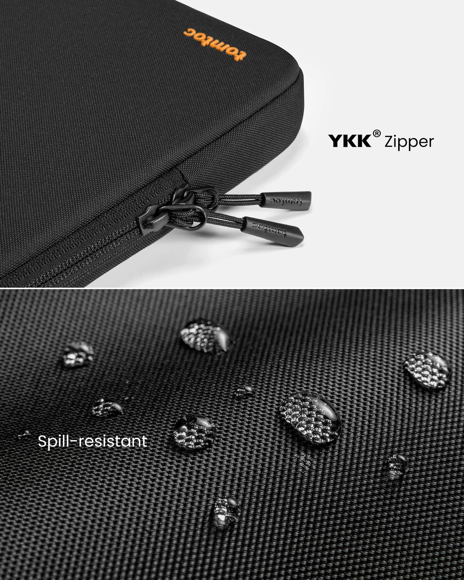The text on the image reads "tomtoc R YKK Zipper 2 PO Spill-resistant."