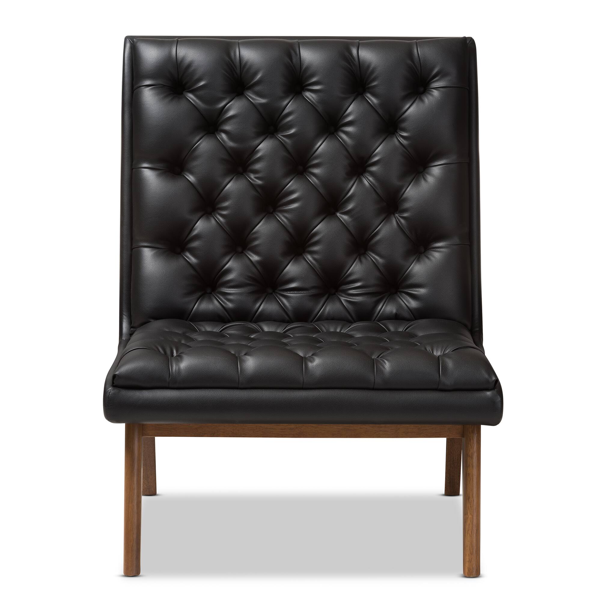 Angle. Baxton Studio - Annetha Mid-Century Modern Faux Leather Upholstered Walnut Finished Wood Lounge Chair - Black.