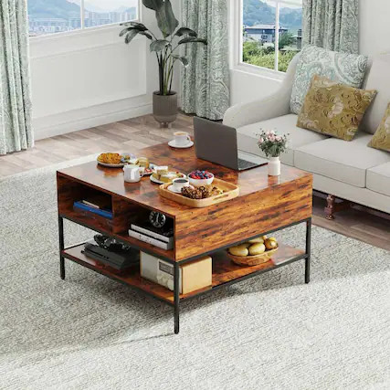 Front. Lirago - 32" Flip-Top Coffee Table Dark Walnut Black Metal with Lift-Top Design Hidden Compartment - Brown.