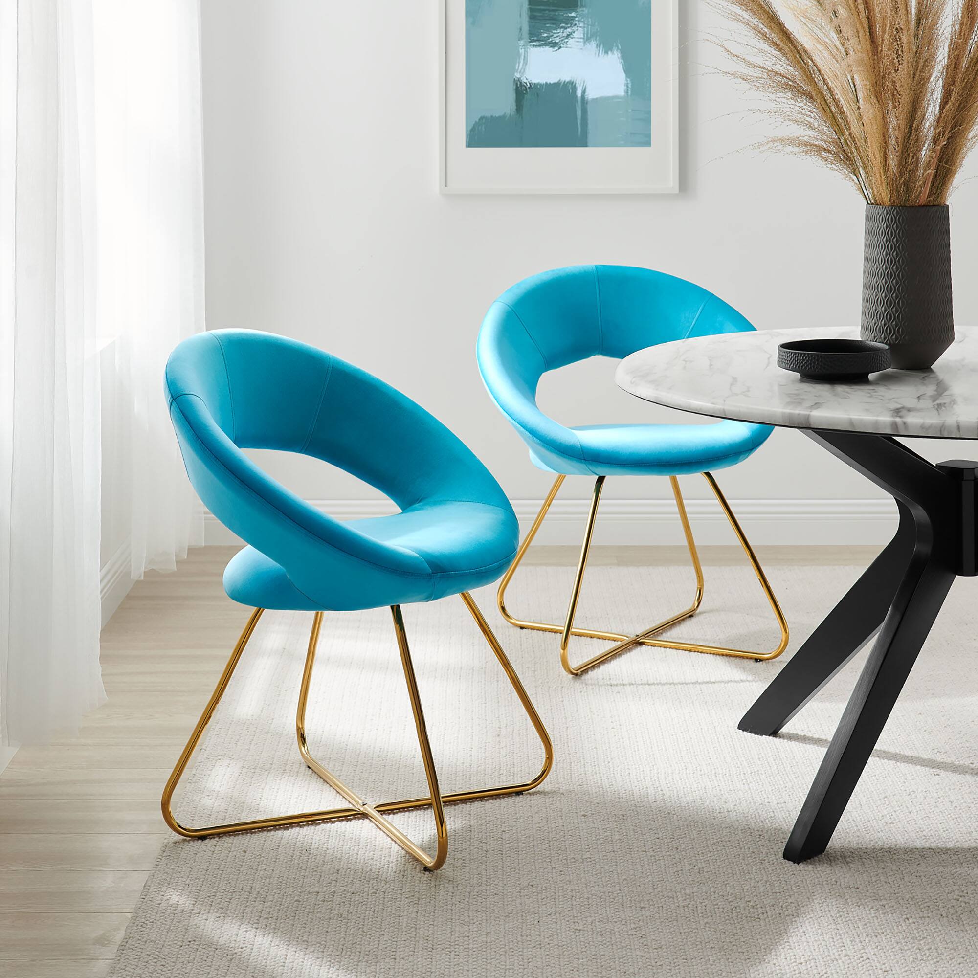 Front. Modway - Nouvelle Performance Velvet Dining Chair Set of 2 by Modway - Gold Blue.