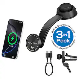 Nautica - Turan QMAG Lite Wireless Magnetic Car Charger 15W, Universal Dashboard and Vent Phone Mount 360° Rotation - Black