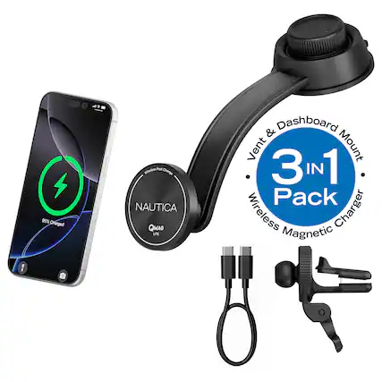 95% Charged & Fast Wireless Charge
NAUTICA QMAG LITE & Dashboard Vent Mount
3 IN 1 Pack Wireless Charger Magnetic
