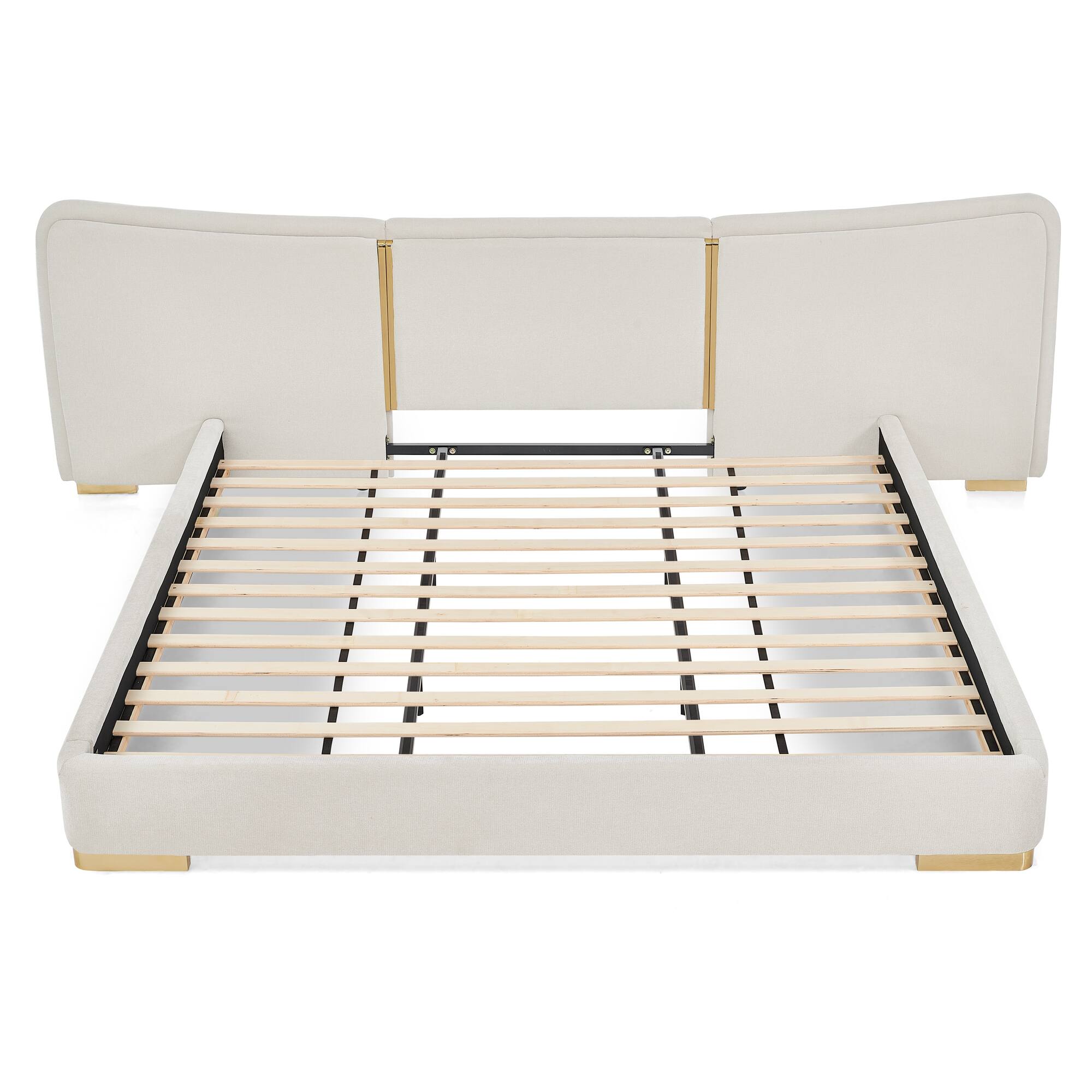 Left. Whisen - Upholstered Platform Bed,Soft Chenille Fabric Frame with Curved Headboard & Metal Legs - Beige.